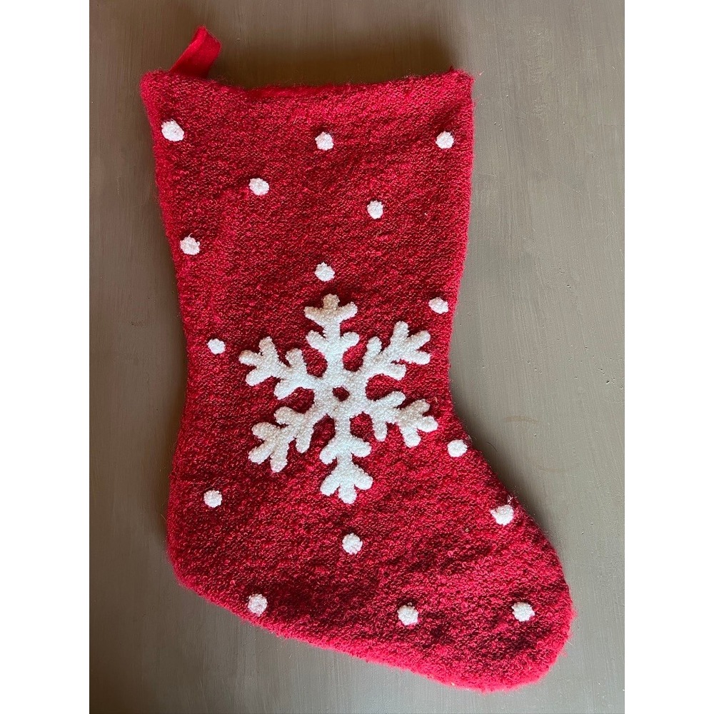 Christmas Stocking Red White Snowflake Soft Chenille Feel Cozy Hygge Traditional